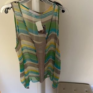 Lola & Sophie sheer drape side tank with fringe grayish stripe.